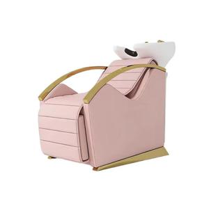 Fauteuil de lavage rose pour salon de coiffure, en cuir PU, design moderne, structure en acier inoxydable, siège rembourré, lavabo en céramique, réglable - Product Image 2