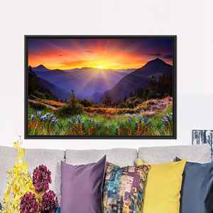 Nature View Art Printed <b>Canvas</b>: Elegant Floral & Mountain Landscape,1P:Black <b>Framed</b> - Product Image 1