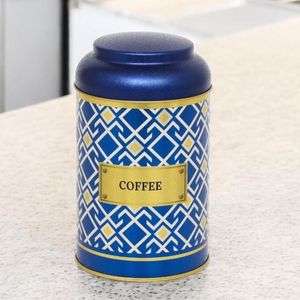 1.2L Fondo azul Líneas geométricas Diseño de patrón sin costuras Lata de metal redonda 105mm x 150mm con tapa de cúpula para almacenamiento de cápsulas de café - Product Image 2