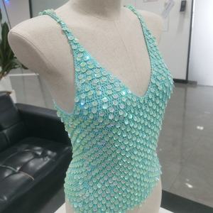 2025 New Fashionable Women's Clothing V-neck Customizable Handmade Crochet Solid Color <b>Sequin</b> <b>Top</b> - Product Image 6