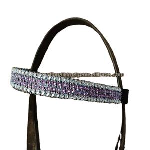 Bande de front de cheval en cuir noir de luxe pour bride avec Designer Purple Color Sparkling Bling Diamante dans toutes les tailles - Product Image 1