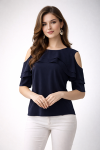 Blusa Elegante de Moda para Mujer Shoryam, Azul, con Hombros Descubiertos y Volantes, Estilo Formal, Diseño Sólido, Camiseta de Crepé de Secado Rápido - Product Image 4