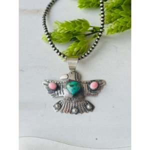 Pendentif Thunderbird fait main en pierres multiples et or rose, avec serti en turquoise, en argent sterling, motif numéroté - Product Image 2