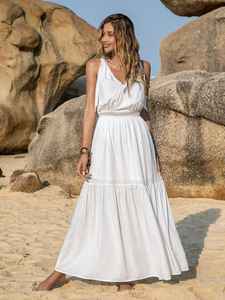 Nuevo Venta caliente bohemio largo elegante cuello en V vacaciones ajuste suelto sin mangas con escalones verano Casual señoras largo Maxi vestido - Product Image 5