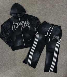 Conjunto de Sudadera con Capucha y Cremallera para Hombre, de Venta Caliente, Personalizado, de Peso Pesado, con Parches y Bordados Desgastados, y Pantalones de Chándal Unisex Acampanados - Product Image 5