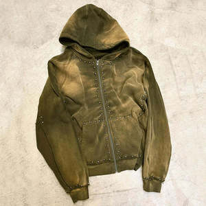 Sudadera con capucha con cremallera de felpa francesa de peso pesado para hombre personalizada lavado con ácido y diamantes de imitación cremallera ecológica a prueba de viento funcional - Product Image 3