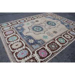 Vintage Rug, 8.4x11.2 ft Turkish Rug, <b>Brown</b> Blue Polka dot <b>Wool</b> Rug - Product Image 3