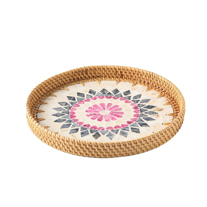 Elegant Floral Rattan Serving Tray Handcrafted <b>Mother</b> Pearl Inlay Eco-Friendly Woven Shell Decorative Tray for Catering Coastal - Product Image 5