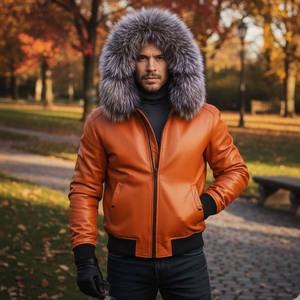 Blouson de moto en cuir pour homme, motif à carreaux, respirant, à capuche, été, couleur orange - Product Image 5