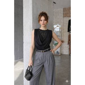 Blusa Negra con Detalles de Encaje para Mujer Mybeefashion, Elegante Top de Mezcla de Algodón para Uso Diario, Tallas S-XL - Product Image 1