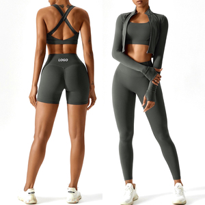 Conjunto de ropa deportiva de Yoga de lujo de 5 piezas al por mayor para damas, Sujetador deportivo con espalda cruzada + chaqueta atlética con pantalones cortos de gimnasio + mallas de yoga - Product Image 4