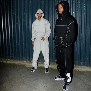 Baggy jogging personnalisé pour hommes Dtg impression passepoil survêtement Y2K rue rétro lettre impression à capuche pantalon de survêtement ensemble deux pièces - Product Image 1