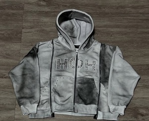 OEM ácido lavado 100% algodón Streetwear Sudadera con capucha bordado Rhinestone de gran tamaño recortada Zip Loose Fit primavera 500gsm Vintage - Product Image 1