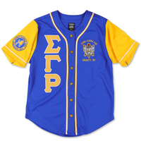 Maillot de baseball Sigma Gamma Rho bleu roi et or pour femme, avec lettres grecques, boutonné, vêtement de sororité SGR, coupe athlétique