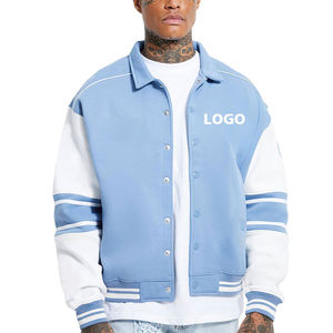 Chaqueta universitaria de béisbol unisex personalizada con capucha, acolchada y recubierta, de algodón teñido liso, con mangas impermeables de PU, estilo Letterman - Product Image 1