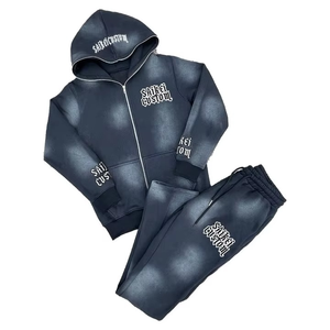 Chándal de verano Diseño personalizado Zip Hoodie y Jogger Set Sun Faded Distress Vintage Streetwear Chándal con capucha Set - Product Image 3