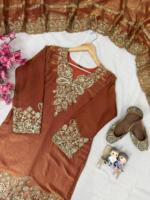 Ensemble Kurti et pantalon 3 pièces de créateur en soie Vatikan avec broderie de sequins, vêtements ethniques de boutique, tailles plus, costumes prêts-à-porter