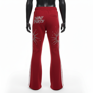 Pantalones Acampanados de Felpa de Algodón Premium, Rojo Oscuro, Tela Suave al Tacto, Panel Lateral con Cristales Hotfix, Logotipo Personalizado - Product Image 2