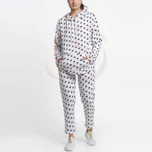 Ensemble de survêtement décontracté pour femme, à capuche, long, 100 % coton toile, respirant, 440g, imprimé, coupe classique, hiver - Product Image 1