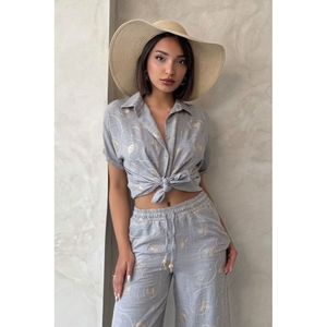 TOPSHOW Wholesale Light Brown Embroidered <b>Linen</b> Shirt for Women, Casual Long Sleeve Blouse with Unique Pattern DSN2 - Product Image 6