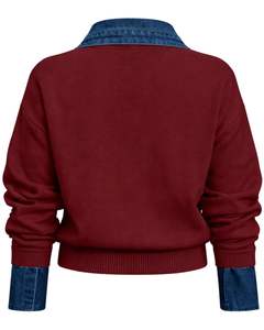 Maroon <b>Fleece</b> Sweater With Blue Denim Collar <b>Women</b> Oversized Winter Knit Pullover Casual Warm Fashion <b>Top</b> <b>For</b> Wholesale Supply - Product Image 5