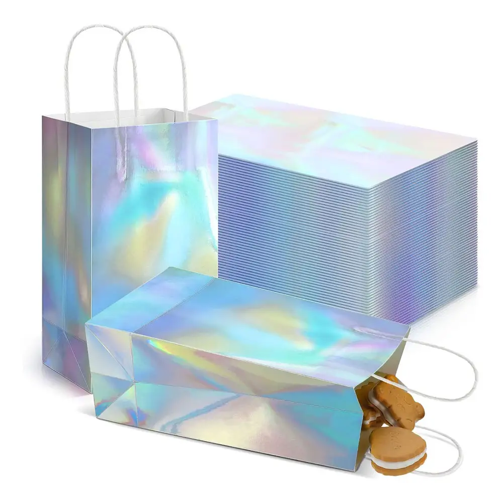 हैंडल पुनः प्रयोज्य पार्टी के साथ कागज उपहार बैग होलोग्राफिक ग्लिटर पन्नी कागज हैंडबैग कैंडी गुडी बैग उपहार बैग बेबी