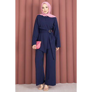 Navy Blue <b>Linen</b> Tunic and Pants Two-Piece Set with Waist Belt Accessory Detail Large Size for Summer and Autumn Outfits - Product Image 3