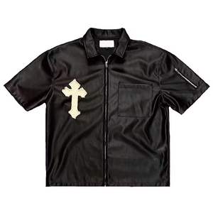 เสื้อเชิ๊ตผู้ชายแขนสั้นแบบลำลองผ้าปะติดแบบมีซิปเสื้อหนังเย็บปะติดมีซิปไซส์พิเศษ - Product Image 4