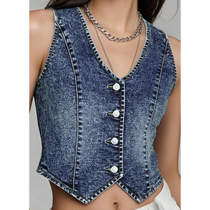 Paola Riboni <b>Women</b> Denim Vest Crop Top V Neck Button Front Short Sleeveless <b>Waistcoat</b> For Spring Summer - Product Image 3