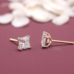 IGI Certified Lab Grown Diamond Princess Cut Stud Earrings 14K <b>White</b> / Rose & Yellow Gold Square Solitaire Diamond Earrings - Product Image 4