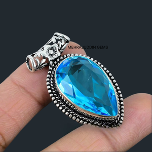 Pendentif en argent sterling 925 fait main avec topaze bleue, bijoux tendance pour enfants, cadeau avec pierre précieuse - Product Image 2