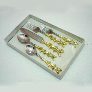 Opulent Lot de 5 couverts en acier inoxydable avec poignées ornées en relief doré Argenterie de style américain moderne - Product Image 1