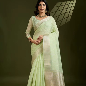 Premium Tissue Linen Silk <strong>Saree</strong> With Fancy Thread Weaving Border and All Over Weaving Pattern Running <strong>Blouse</strong> Piece - Product Image 1