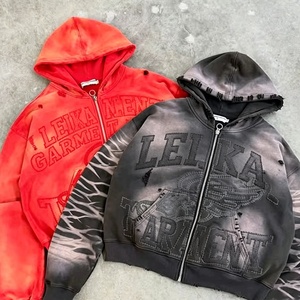 Sweat-shirt surdimensionné à capuche avec logo personnalisé, impression graphique intégrale, effet délavé vintage, strass, style gothique, fermeture éclair, streetwear pour homme, tissu épais - Product Image 3