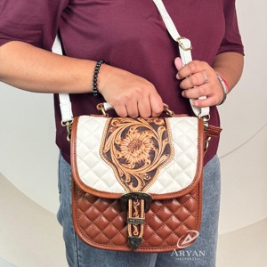 New 2025 Fashion Design Hand Tooled <b>Leather</b> Western-Style Ornate Buckle Crossbody Handbag for Women's Quilted Handle Flap Purse - Product Image 1