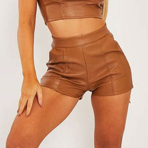 Shorts de Cuero Casuales de Invierno para Mujer de Alta Calidad, Transpirables, con Cintura Elástica, Decorados con Lazo y Botón, Tinte Liso, Color Personalizado - Product Image 1