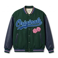 Blouson universitaire en chenille avec patchs, broderie chaîne, lettrage, motif bouteille, en laine marine et cuir, style Letterman, doublure matelassée OEM, poids lourd 650 GSM