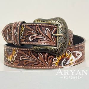 เข็มขัดหนังวัวปรับได้สำหรับผู้ชายและผู้หญิงเข็มขัดหนังวัวดีไซน์ลายใบไม้ดอกไม้ที่มีชื่อเสียง - Product Image 1