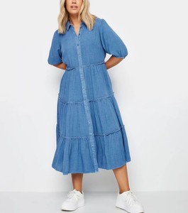 Robe chemise longue en denim pour femmes avec col en V, couverture complète du corps, bouton à volants, vêtements de plage d'été en rayonne bohème - Product Image 1
