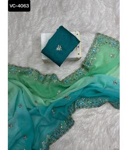 Sari indio nuevo estilo Bollywood con bordado de lentejuelas para fiesta, con Mono Banglory y blusa bordada. - Product Image 1