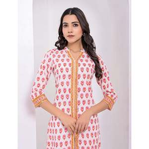 Kurti de Algodón con Estampado de Bloques en Rosa y Blanco, Ropa de Asia y las Islas del Pacífico - Product Image 5