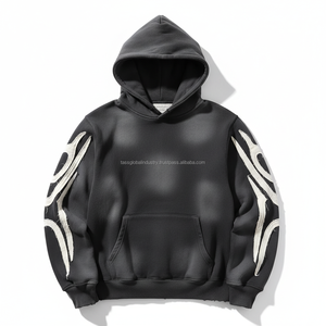 Customisable Unisex Winter Zip-Up Hoodie Digital Printing Badge Tassel Latest Design Distressed 3D Embroidery <b>Sun</b> Fade Oversized - Product Image 2