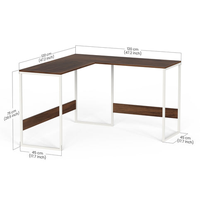 Table d'ordinateur portable en forme de L pour la maison ou le bureau, bureau, bureau, érable brun avec pieds en métal blanc