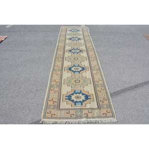 Alfombra Kilim turca Vintage Beige azul 3X10,4ft respaldo de látex de lana hecho a mano para dormitorio pasillo sala de estar patchwork abstracto - Product Image 1