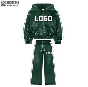 Latest Style Premium Acid Wash <b>Distressed</b> Winter Sweatshirt And Sweatpants Set For Mens In Low Price Tracksuit Unisex Breathable - Product Image 2