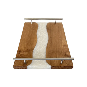 Bandeja de Servicio de Madera Maciza de Acacia y Resina Epoxi al por Mayor con Asas de Acero, Estilo Americano, Multifuncional, para Comida, Desayuno, Té - Product Image 1