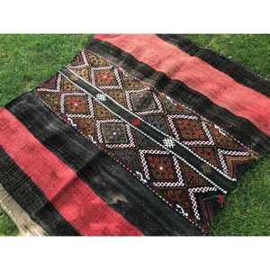 Vintage Accent Turkish Rug 3.7x4.5 ft <b>Red</b> <b>Wool</b> Kilim with Patchwork Pattern Eco-Friendly Latex Backing - Product Image 2