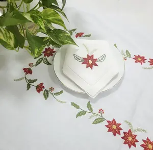 Wholesale Embroidery Red Poinsettia Design Table Cloth White Cotton Customized Hemstitch Tablecloth For Home/Hotel/Restaurant