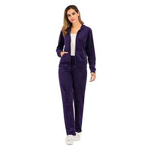 Blazer violet en velours décontracté et pantalon long en maille imprimée costume deux pièces pour femmes - Product Image 6
