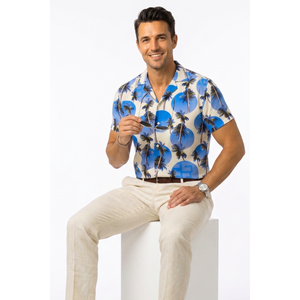 Chemise Hawaïenne Homme Majestic en Viscose Respirante à Motif Palmiers Bleus, Manches Courtes, Douce et Blanche - Product Image 5